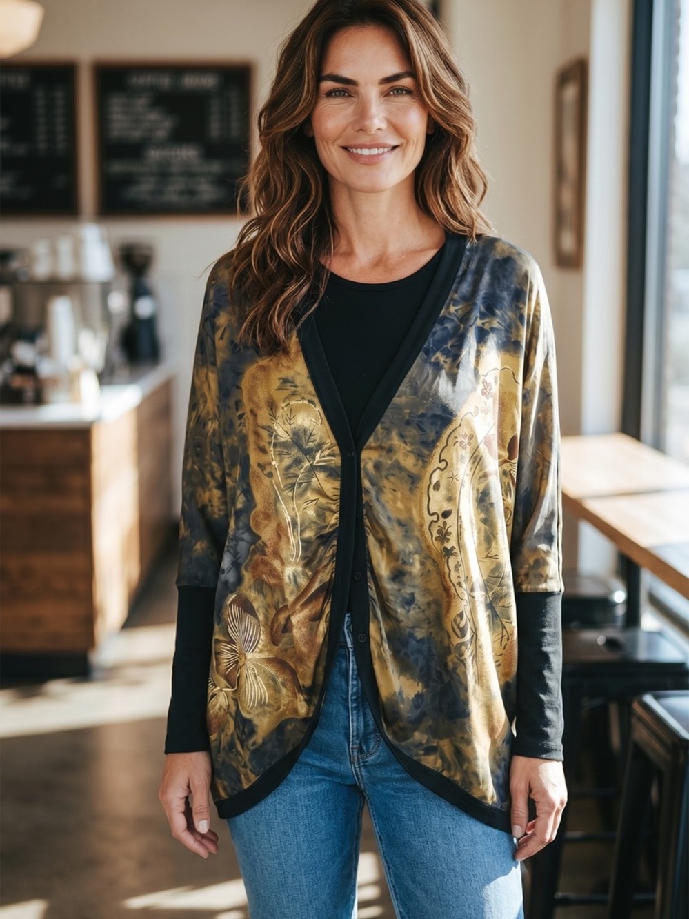 Citron Black & Gold Floral-Print Lightweight Cardigan